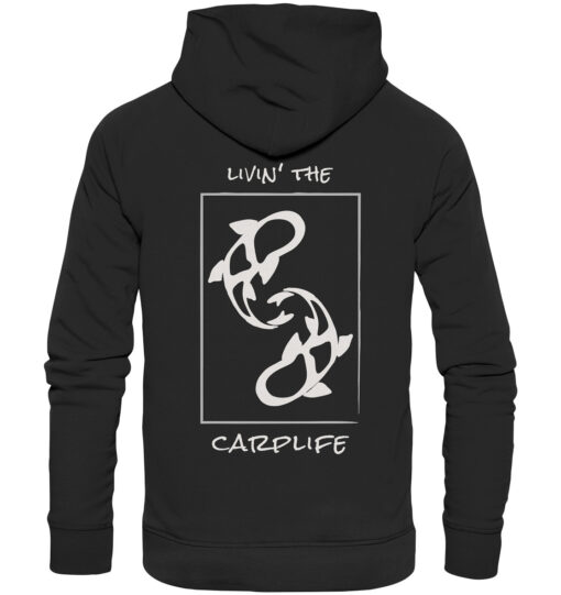 Schwarzer Bio Karpfen Hoodie für Angler: Livin' the carplife Hoodie für Karpfenangler mit Rückendruck. Ein tolles Angler Geschenk.