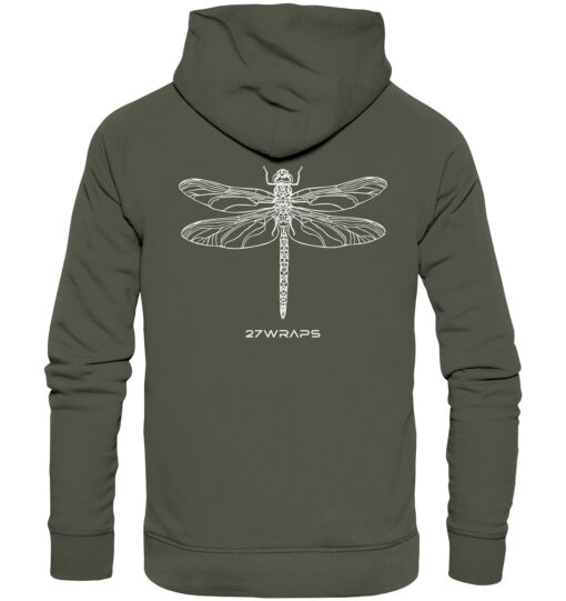 Bio Libellen Hoodie für Karpfenangler: olivgrüner Dragonfly Hoodie für Angler. Ein toller Karpfen Hoodie und Geschenk für Angler.