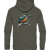 Bio Eisvogel Hoodie für Karpfenangler: olivgrüner Eisvogel Hoodie für Naturfreunde. Ein toller Karpfen Hoodie und Geschenk für Angler.