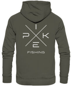 Pike Fishing Hoodie für Raubfischangler in olivgrün mit elegantem Rückendruck.