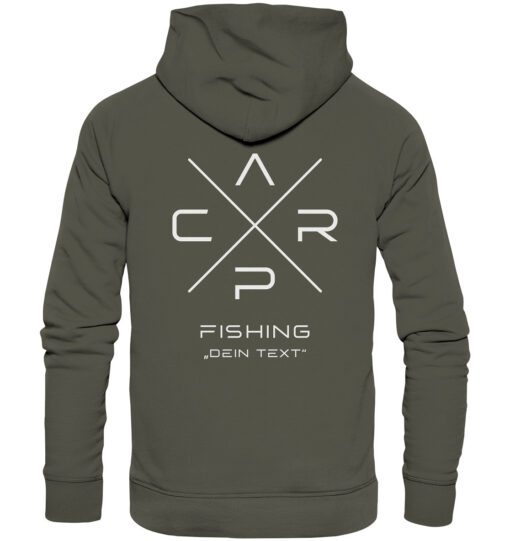 Carp Fishing Hoodie olivgrün mit elegantem Rückendruck für Karpfenangler. Personalisierter Karpfen Hoodie für Angler. Ein tolles Geschenk für Angler.