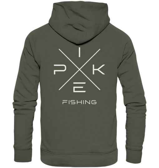 Pike Fishing Hoodie für Raubfischangler in olivgrün mit elegantem Rückendruck.