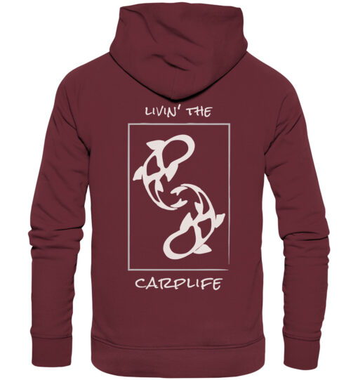 Burgundroter Bio Karpfen Hoodie für Angler: Livin' the carplife Hoodie für Karpfenangler mit Rückendruck. Ein tolles Angler Geschenk.