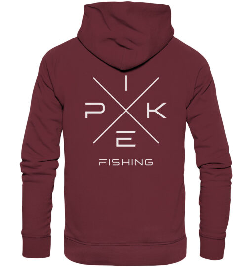 Pike Fishing Hoodie für Raubfischangler in burgundy mit elegantem Rückendruck.