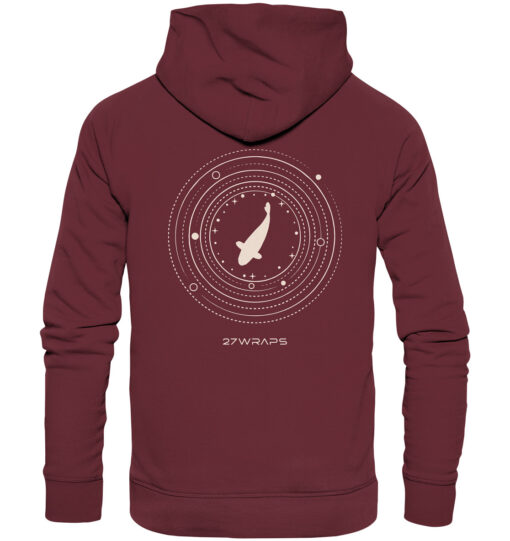 Premium Bio Karpfen Hoodie für Karpfenangler: Moon Carp Hoodie für Karpfenangler mit Rückendruck in Burgundrot. Ein tolles Angler Geschenk.
