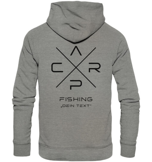 Carp Fishing Hoodie graun mit elegantem Rückendruck für Karpfenangler. Personalisierter Karpfen Hoodie für Angler. Ein tolles Geschenk für Angler.