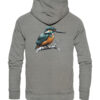 Bio Eisvogel Hoodie für Karpfenangler: graumelierter Eisvogel Hoodie für Naturfreunde. Ein toller Karpfen Hoodie und Geschenk für Angler.
