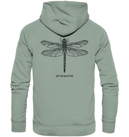 Bio Libellen Hoodie für Karpfenangler: hellgrüner Dragonfly Hoodie für Angler. Ein toller Karpfen Hoodie und Geschenk für Angler.