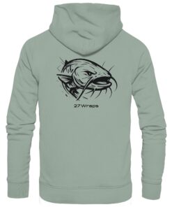 Urban Catfish Hoodie für Welsangler aus Bio-Baumwolle. Ein cooler Wels Hoodie für Angler mit Rückendruck in aloe. Eine tolle Geschenkidee für Welsangler.