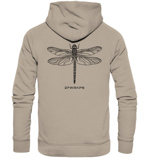Bio Libellen Hoodie für Karpfenangler: sandfarbener Dragonfly Hoodie für Angler. Ein toller Karpfen Hoodie und Geschenk für Angler.