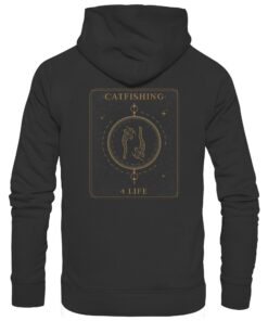Catfishing 4 Life Hoodie für Welsangler: ein eleganter Wels Hoodie für Angler mit Rückendruck in schwarz. Ein Bio Waller Hoodie und eine tolle Geschenkidee für Welsangler.