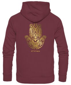 Hamsa Carp Hoodie für Karpfenangler: ein eleganter Karpfen Hoodie für Karpfenangler mit dem bekannten Hamsa Schutzsymbol in weinrot. Ein eleganter Hoodie zum Karpfenangeln und eine besondere Geschenkidee für Karpfenangler.