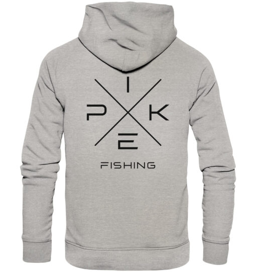 Pike Fishing Hoodie für Raubfischangler in hellgrau meliert mit elegantem Rückendruck.