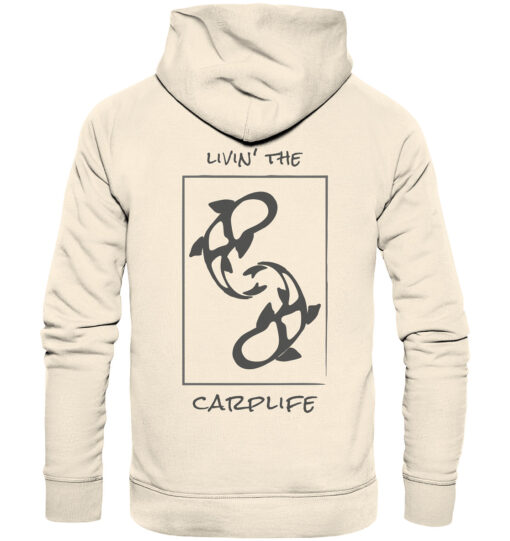 Naturweißer Bio Karpfen Hoodie für Angler: Livin' the carplife Hoodie für Karpfenangler mit Rückendruck. Ein tolles Angler Geschenk.