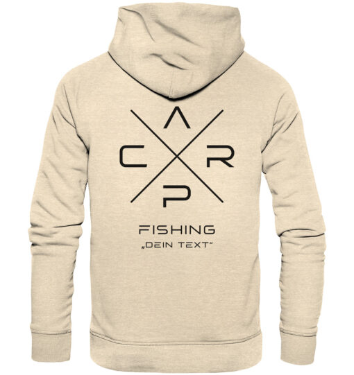 Carp Fishing Hoodie naturweiß mit elegantem Rückendruck für Karpfenangler. Personalisierter Karpfen Hoodie für Angler. Ein tolles Geschenk für Angler.