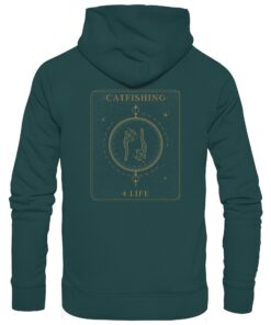 Catfishing 4 Life Hoodie für Welsangler: ein eleganter Wels Hoodie für Angler mit Rückendruck in dunkelgrün. Ein Bio Waller Hoodie und eine tolle Geschenkidee für Welsangler.