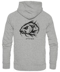 Urban Carp Hoodie: ein cooler Karpfen Hoodie für Karpfenangler mit Rückendruck in graumeliert. Ein cooler Angler Hoodie und eine tolle Geschenkidee für Karpfenangler.