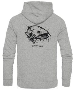 Urban Catfish Hoodie für Welsangler aus Bio-Baumwolle. Ein cooler Wels Hoodie für Angler mit Rückendruck in graumeliert. Eine tolle Geschenkidee für Welsangler.