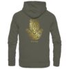 Hamsa Carp Hoodie für Karpfenangler: ein eleganter Karpfen Hoodie für Karpfenangler mit dem bekannten Hamsa Schutzsymbol in olivgrün. Ein eleganter Hoodie zum Karpfenangeln und eine besondere Geschenkidee für Karpfenangler.