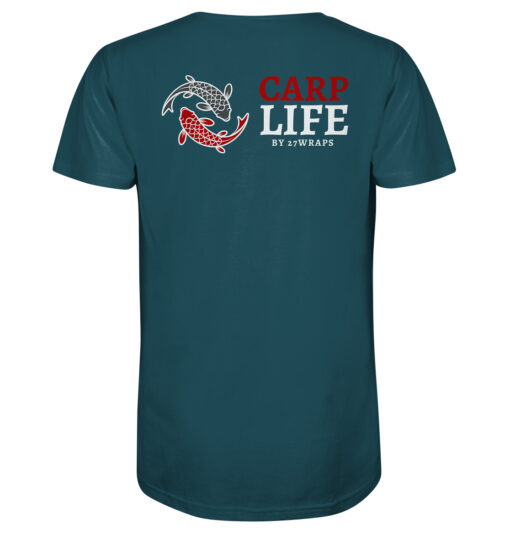 Bio Karpfen T-Shirt für Karpfenangler: blaues Carp Life T-Shirt für Angler mit Rückendruck.