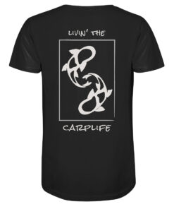 Bio Karpfen Shirt für Karpfenangler: schwarzes Livin' the carplife Carp Shirt für Angler. Ein tolles Angler Geschenk.