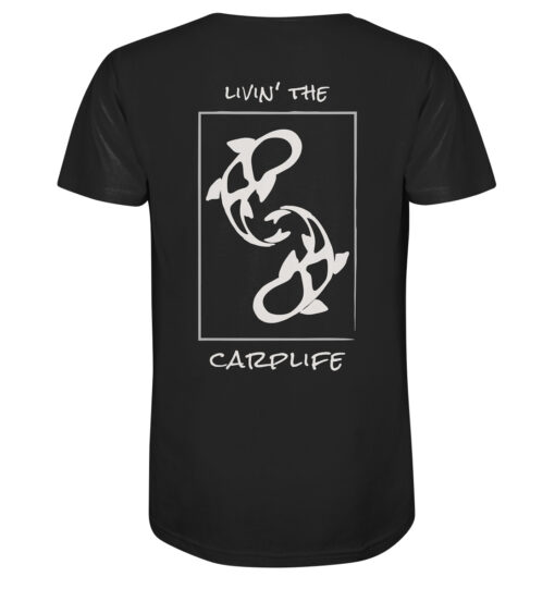 Bio Karpfen Shirt für Karpfenangler: schwarzes Livin' the carplife Carp Shirt für Angler. Ein tolles Angler Geschenk.