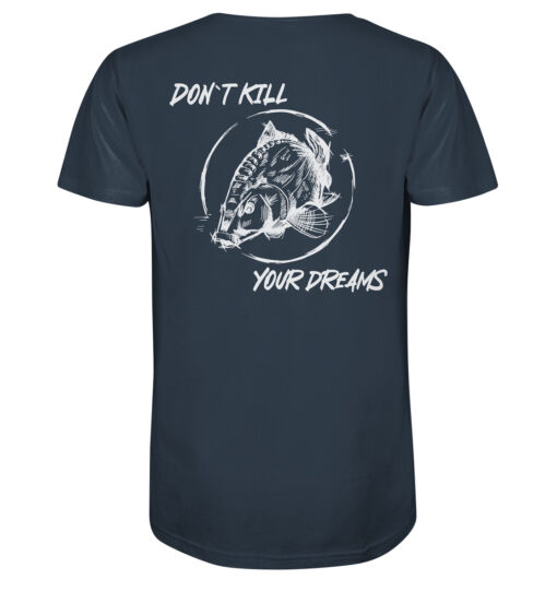 Bio T-Shirt für Karpfenangler: graublaues Don't kill your dreams Bio Carp Shirt für Angler.