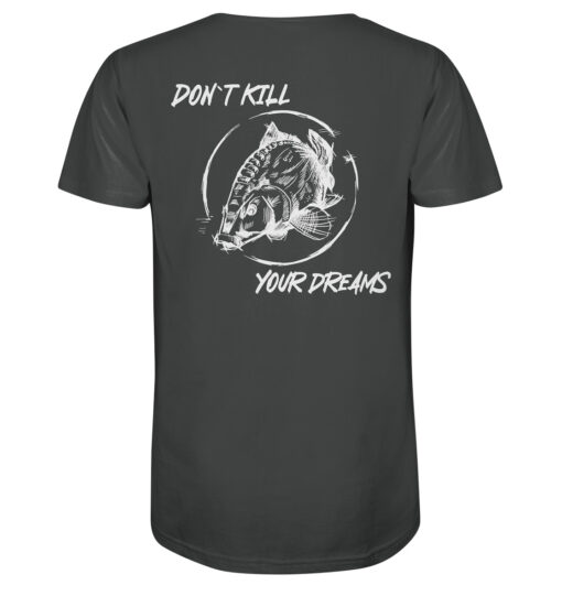 Bio T-Shirt für Karpfenangler: anthrazitfarbenes Don't kill your dreams Bio Carp Shirt für Angler.