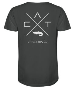 Bio T-Shirt für Welsangler in anthrazit mit Catfishing Rückendruck. Ein tolles Geschenk für Wels Angler. Wels Shirts für Angler.