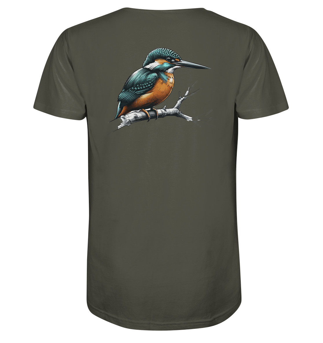 Bio Eisvogel T-Shirt für Karpfenangler: olivgrünes Kingfisher Shirt für Angler. Ein tolles Angler T-Shirt und Geschenk für Naturfreunde.