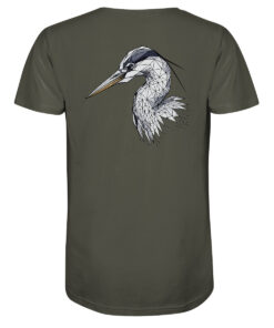 Bio Graureiher T-Shirt für Karpfenangler: olivgrünes Graureiher Shirt für Naturfreunde. Ein tolles Angler T-Shirt und Geschenk für Naturfreunde.