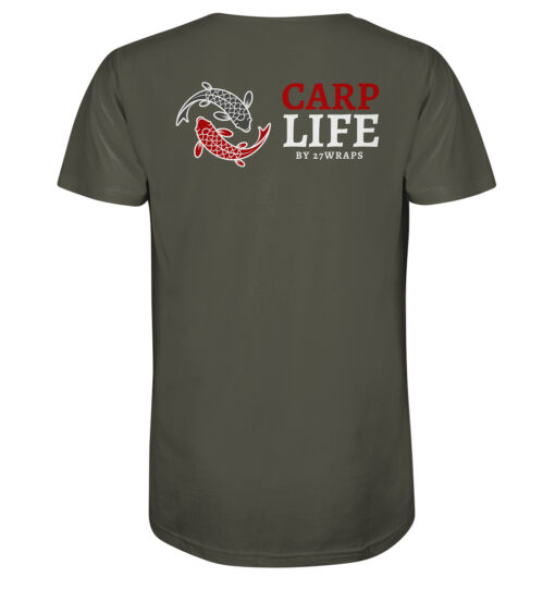 Bio Karpfen T-Shirt für Karpfenangler: olivgrünes Carp Life T-Shirt für Angler mit Rückendruck.