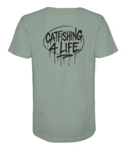 Catfishing 4 Life Graffiti T-Shirt für Welsangler: ein urbanes Wels Shirt für Angler mit Rückendruck in aloe. Ein besonderes Waller T-Shirt und eine tolle Geschenkidee für Welsangler.