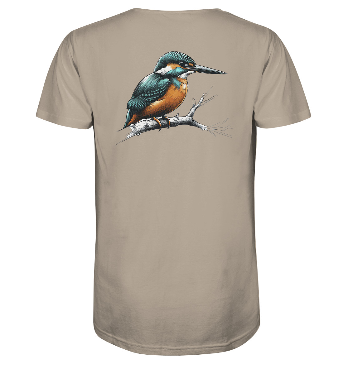 Bio Eisvogel T-Shirt für Karpfenangler: sandfarbenes Kingfisher Shirt für Angler. Ein tolles Angler T-Shirt und Geschenk für Naturfreunde.