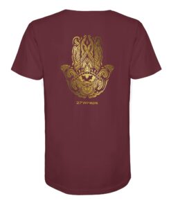 Hamsa Carp T-Shirt für Karpfenangler: ein besonderes Karpfen Shirt für Karpfenangler mit dem bekannten Hamsa Schutzsymbol in weinrot. Ein elegantes T-Shirt zum Karpfenangeln und eine besondere Geschenkidee für Karpfenangler.