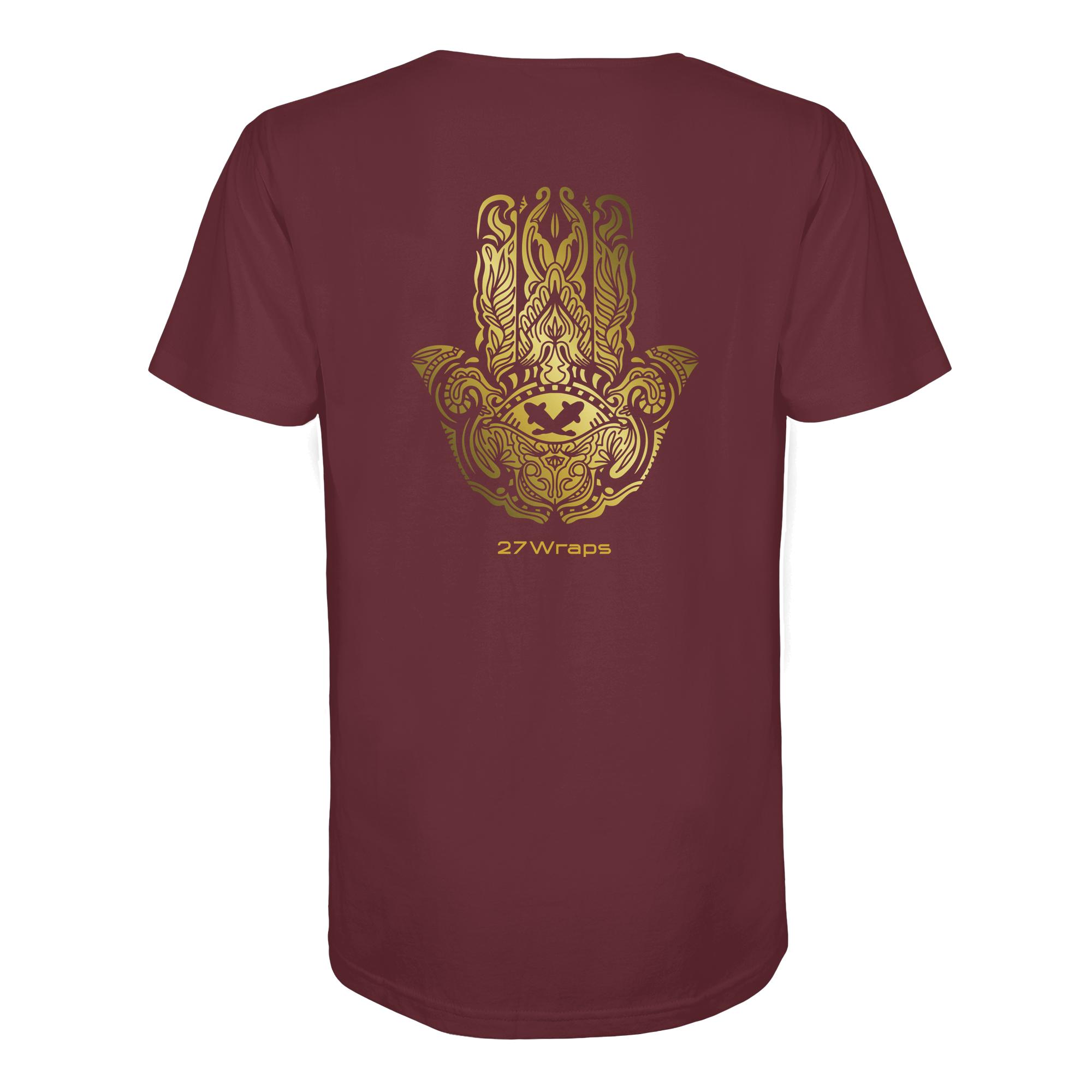 Hamsa Carp T-Shirt für Karpfenangler: ein besonderes Karpfen Shirt für Karpfenangler mit dem bekannten Hamsa Schutzsymbol in weinrot. Ein elegantes T-Shirt zum Karpfenangeln und eine besondere Geschenkidee für Karpfenangler.