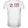 Bio Karpfen T-Shirt für Karpfenangler: weißes Carp Life T-Shirt für Angler mit Rückendruck.