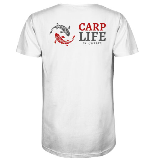 Bio Karpfen T-Shirt für Karpfenangler: weißes Carp Life T-Shirt für Angler mit Rückendruck.