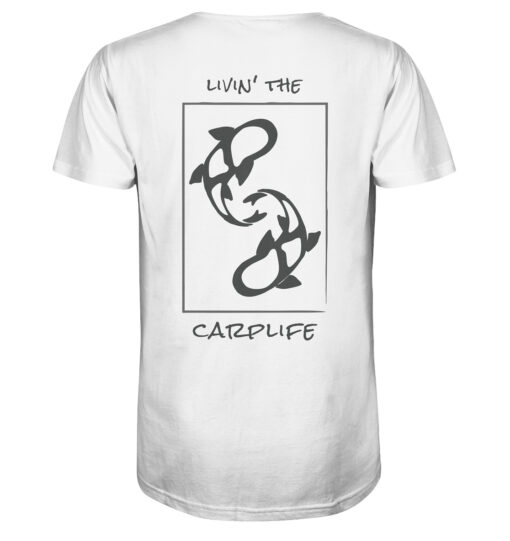 Bio Karpfen Shirt für Karpfenangler: weißes Livin' the carplife Carp Shirt für Angler. Ein tolles Angler Geschenk.