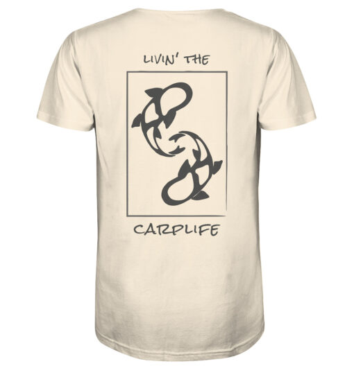 Bio Karpfen Shirt für Karpfenangler: naturweißes Livin' the carplife Carp Shirt für Angler. Ein tolles Angler Geschenk.