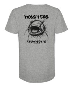 Monsters from depths T-Shirt für Welsangler: ein elegantes Wels Shirt für Angler mit Rückendruck in graumeliert. Ein besonderes Waller T-Shirt und eine originelle Geschenkidee für Welsangler.