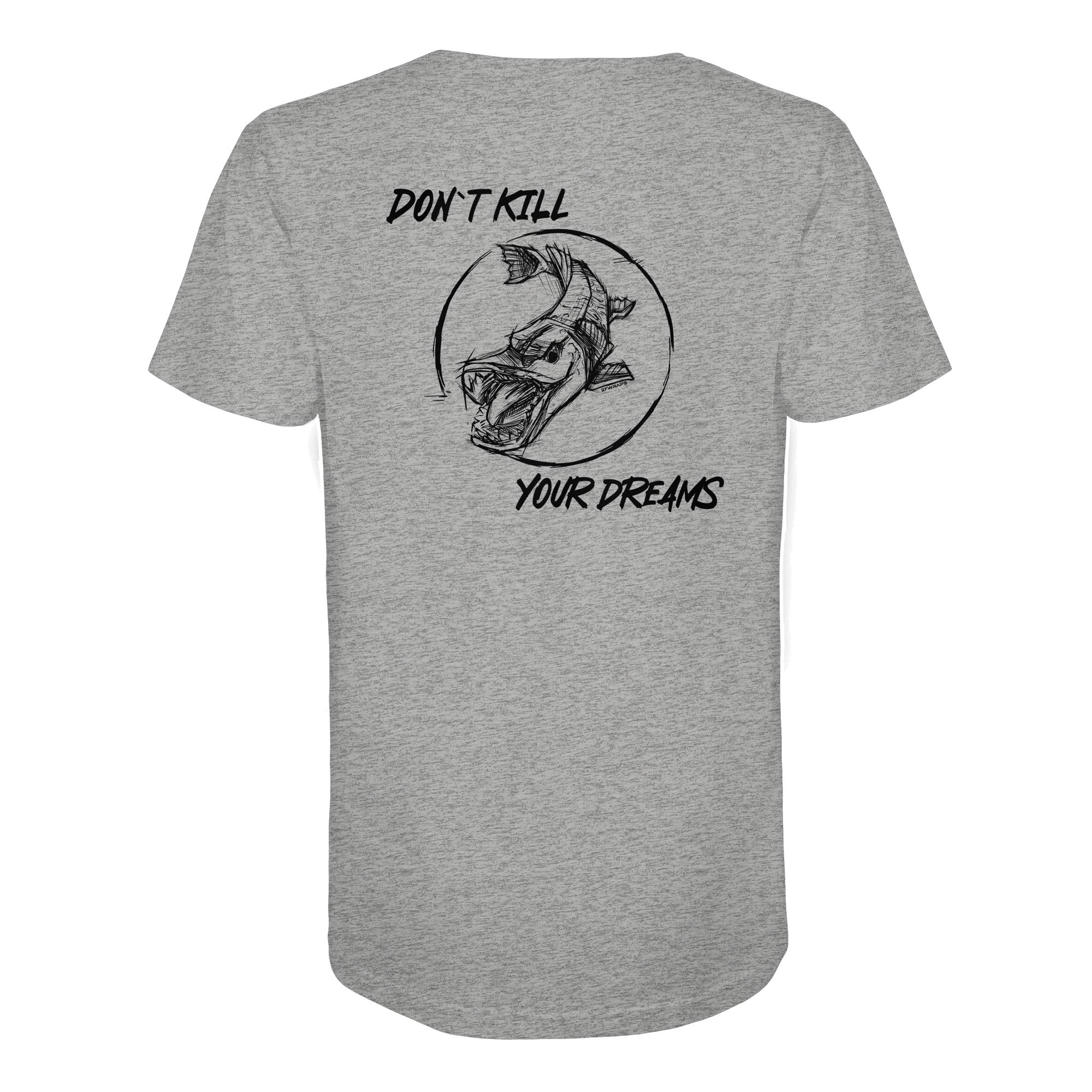 Don't kill your dreams Hecht T-Shirt für Raubfischangler: ein elegantes Raubfisch T-Shirt für Angler mit Rückendruck in graumeliert. Ein besonderes Bio T-Shirt für Spinnangler und ein besonderes Geschenk für Angler.