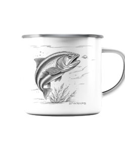 Trout Emaille Tasse für Angler. Raubfisch Angler Tasse als Geschenk für Angler. Tassen für Forellenangler hier bestellen.