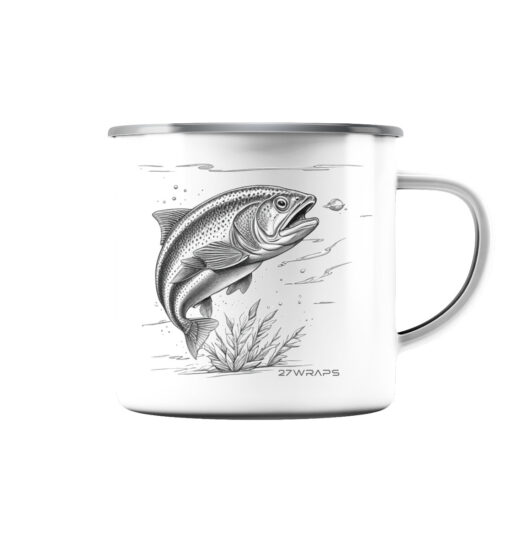 Trout Emaille Tasse für Angler. Raubfisch Angler Tasse als Geschenk für Angler. Tassen für Forellenangler hier bestellen.