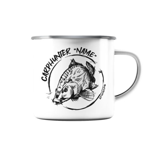 Personalisierte Emaille Tasse für Karpfenangler. Karpfen Tasse als Geschenk für Angler. Carphunter Tasse für Karpfenangler hier bestellen.