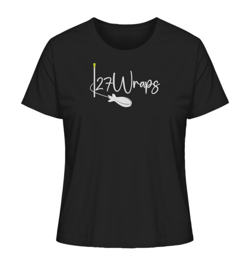 Schwarzes Bio T-Shirt für Karpfenanglerinnen mit Spod Logo Aufdruck. Angelbekleidung Damen aus bester Bio Baumwolle.