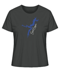 Lac de Saint-Cassien Damen Angler T-Shirt in antrazit. Besondere Damen Anglerbekleidung, Karpfen Shirts und mehr für Anglerinnen.