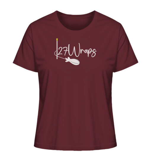 Burgundrotes Bio T-Shirt für Karpfenanglerinnen mit Spod Logo Aufdruck. Angelbekleidung Damen aus bester Bio Baumwolle.