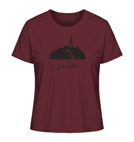 Lake Bled Damen Angler T-Shirt für alle Karpfenanglerinnen in burgundfarben.