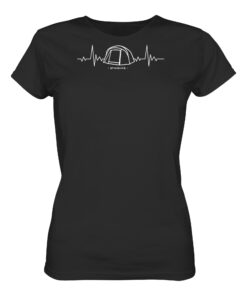 Bio Karpfen Shirt für Karpfenanglerinnen mit Karpfenzelt und Herzschlaglinie: schwarzes Herzschlag Bivvy T-Shirt für Karpfenanglerinnen. Ein tolles Angler T-Shirt und Geschenk für Karpfenangler.